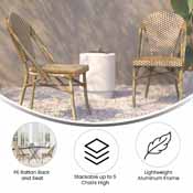 Lourdes Indoor/Outdoor Commercial French Bistro Stacking Chair, Natural/White PE Rattan Back and Seat, Bamboo Print Aluminum Frame in Light Natural, SDA-AD642001-F-NATWH-LTNAT-GG