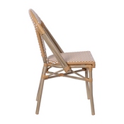 Lourdes Indoor/Outdoor Commercial French Bistro Stacking Chair, Natural/White PE Rattan Back and Seat, Bamboo Print Aluminum Frame in Light Natural, SDA-AD642001-F-NATWH-LTNAT-GG