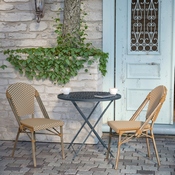 Lourdes Indoor/Outdoor Commercial French Bistro Stacking Chair, Natural/White PE Rattan Back and Seat, Bamboo Print Aluminum Frame in Light Natural, SDA-AD642001-F-NATWH-LTNAT-GG