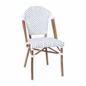 Lourdes Indoor/Outdoor Commercial French Bistro Stacking Chair, White and Gray PE Rattan Back and Seat, Bamboo Print Aluminum Frame in Natural, SDA-AD642001-F-WHGY-NAT-GG