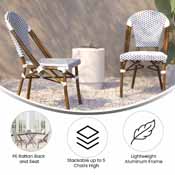 Lourdes Indoor/Outdoor Commercial French Bistro Stacking Chair, White and Navy PE Rattan Back and Seat, Bamboo Print Aluminum Frame in Natural, SDA-AD642001-F-WHNVY-NAT-GG