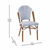 Lourdes Indoor/Outdoor Commercial French Bistro Stacking Chair, White and Navy PE Rattan Back and Seat, Bamboo Print Aluminum Frame in Natural, SDA-AD642001-F-WHNVY-NAT-GG