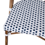 Lourdes Indoor/Outdoor Commercial French Bistro Stacking Chair, White and Navy PE Rattan Back and Seat, Bamboo Print Aluminum Frame in Natural, SDA-AD642001-F-WHNVY-NAT-GG