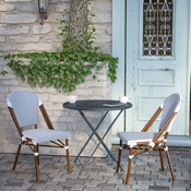 Lourdes Indoor/Outdoor Commercial French Bistro Stacking Chair, White and Navy PE Rattan Back and Seat, Bamboo Print Aluminum Frame in Natural, SDA-AD642001-F-WHNVY-NAT-GG
