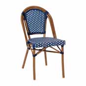 Bordeaux Indoor/Outdoor Commercial French Bistro Stacking Chair, Navy and White PE Rattan Back and Seat, Bamboo Print Aluminum Frame in Natural, SDA-AD642001-NVYWH-NAT-GG