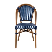 Bordeaux Indoor/Outdoor Commercial French Bistro Stacking Chair, Navy and White PE Rattan Back and Seat, Bamboo Print Aluminum Frame in Natural, SDA-AD642001-NVYWH-NAT-GG