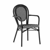 Lourdes Indoor/Outdoor Commercial Thonet French Bistro Stacking Chair with Arms, Black and White PE Rattan and Black Aluminum Frame, SDA-AD642002A-BKWH-BK-GG