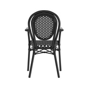 Lourdes Indoor/Outdoor Commercial Thonet French Bistro Stacking Chair with Arms, Black and White PE Rattan and Black Aluminum Frame, SDA-AD642002A-BKWH-BK-GG