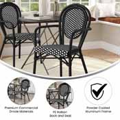 Lourdes Indoor/Outdoor Commercial Thonet French Bistro Stacking Chair with Arms, Black and White PE Rattan and Black Aluminum Frame, SDA-AD642002A-BKWH-BK-GG