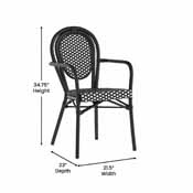 Lourdes Indoor/Outdoor Commercial Thonet French Bistro Stacking Chair with Arms, Black and White PE Rattan and Black Aluminum Frame, SDA-AD642002A-BKWH-BK-GG