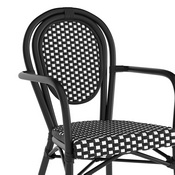 Lourdes Indoor/Outdoor Commercial Thonet French Bistro Stacking Chair with Arms, Black and White PE Rattan and Black Aluminum Frame, SDA-AD642002A-BKWH-BK-GG