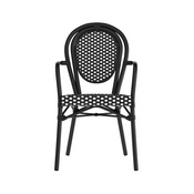 Lourdes Indoor/Outdoor Commercial Thonet French Bistro Stacking Chair with Arms, Black and White PE Rattan and Black Aluminum Frame, SDA-AD642002A-BKWH-BK-GG