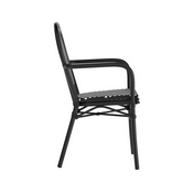 Lourdes Indoor/Outdoor Commercial Thonet French Bistro Stacking Chair with Arms, Black and White PE Rattan and Black Aluminum Frame, SDA-AD642002A-BKWH-BK-GG