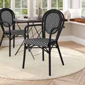 Lourdes Indoor/Outdoor Commercial Thonet French Bistro Stacking Chair with Arms, Black and White PE Rattan and Black Aluminum Frame, SDA-AD642002A-BKWH-BK-GG