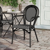 Lourdes Indoor/Outdoor Commercial Thonet French Bistro Stacking Chair with Arms, Black and White PE Rattan and Black Aluminum Frame, SDA-AD642002A-BKWH-BK-GG