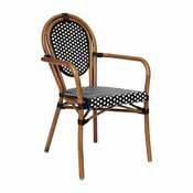 Lourdes Indoor/Outdoor Commercial Thonet French Bistro Stacking Chair with Arms, Black and White PE Rattan and Bamboo Print Aluminum Frame, SDA-AD642002A-BKWH-NAT-GG