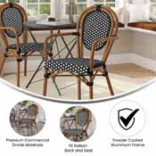 Lourdes Indoor/Outdoor Commercial Thonet French Bistro Stacking Chair with Arms, Black and White PE Rattan and Bamboo Print Aluminum Frame, SDA-AD642002A-BKWH-NAT-GG