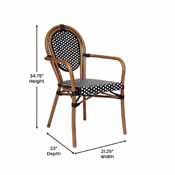 Lourdes Indoor/Outdoor Commercial Thonet French Bistro Stacking Chair with Arms, Black and White PE Rattan and Bamboo Print Aluminum Frame, SDA-AD642002A-BKWH-NAT-GG