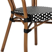 Lourdes Indoor/Outdoor Commercial Thonet French Bistro Stacking Chair with Arms, Black and White PE Rattan and Bamboo Print Aluminum Frame, SDA-AD642002A-BKWH-NAT-GG