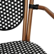 Lourdes Indoor/Outdoor Commercial Thonet French Bistro Stacking Chair with Arms, Black and White PE Rattan and Bamboo Print Aluminum Frame, SDA-AD642002A-BKWH-NAT-GG