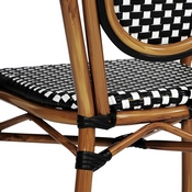 Lourdes Indoor/Outdoor Commercial Thonet French Bistro Stacking Chair with Arms, Black and White PE Rattan and Bamboo Print Aluminum Frame, SDA-AD642002A-BKWH-NAT-GG