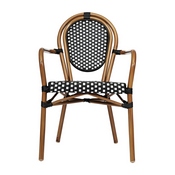 Lourdes Indoor/Outdoor Commercial Thonet French Bistro Stacking Chair with Arms, Black and White PE Rattan and Bamboo Print Aluminum Frame, SDA-AD642002A-BKWH-NAT-GG