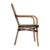 Lourdes Indoor/Outdoor Commercial Thonet French Bistro Stacking Chair with Arms, Black and White PE Rattan and Bamboo Print Aluminum Frame, SDA-AD642002A-BKWH-NAT-GG