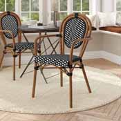 Lourdes Indoor/Outdoor Commercial Thonet French Bistro Stacking Chair with Arms, Black and White PE Rattan and Bamboo Print Aluminum Frame, SDA-AD642002A-BKWH-NAT-GG