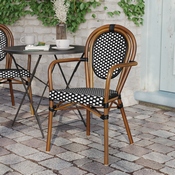 Lourdes Indoor/Outdoor Commercial Thonet French Bistro Stacking Chair with Arms, Black and White PE Rattan and Bamboo Print Aluminum Frame, SDA-AD642002A-BKWH-NAT-GG