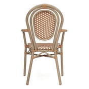 Lourdes Indoor/Outdoor Commercial Thonet French Bistro Stacking Chair with Arms, Natural/White PE Rattan and Bamboo Print Aluminum Frame in Lt Natural, SDA-AD642002A-NATWH-LTNAT-GG