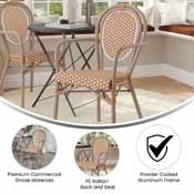 Lourdes Indoor/Outdoor Commercial Thonet French Bistro Stacking Chair with Arms, Natural/White PE Rattan and Bamboo Print Aluminum Frame in Lt Natural, SDA-AD642002A-NATWH-LTNAT-GG