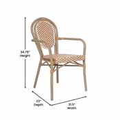 Lourdes Indoor/Outdoor Commercial Thonet French Bistro Stacking Chair with Arms, Natural/White PE Rattan and Bamboo Print Aluminum Frame in Lt Natural, SDA-AD642002A-NATWH-LTNAT-GG