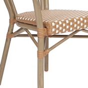 Lourdes Indoor/Outdoor Commercial Thonet French Bistro Stacking Chair with Arms, Natural/White PE Rattan and Bamboo Print Aluminum Frame in Lt Natural, SDA-AD642002A-NATWH-LTNAT-GG