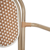Lourdes Indoor/Outdoor Commercial Thonet French Bistro Stacking Chair with Arms, Natural/White PE Rattan and Bamboo Print Aluminum Frame in Lt Natural, SDA-AD642002A-NATWH-LTNAT-GG