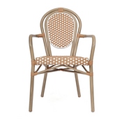 Lourdes Indoor/Outdoor Commercial Thonet French Bistro Stacking Chair with Arms, Natural/White PE Rattan and Bamboo Print Aluminum Frame in Lt Natural, SDA-AD642002A-NATWH-LTNAT-GG