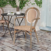 Lourdes Indoor/Outdoor Commercial Thonet French Bistro Stacking Chair with Arms, Natural/White PE Rattan and Bamboo Print Aluminum Frame in Lt Natural, SDA-AD642002A-NATWH-LTNAT-GG