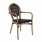 Marseille Indoor/Outdoor Commercial Thonet French Bistro Stacking Chair with Arms, Black Textilene and Bamboo Print Aluminum Frame in Natural, SDA-AD642002A-TXT-BK-NAT-GG