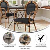 Marseille Indoor/Outdoor Commercial Thonet French Bistro Stacking Chair with Arms, Black Textilene and Bamboo Print Aluminum Frame in Natural, SDA-AD642002A-TXT-BK-NAT-GG
