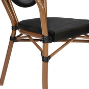 Marseille Indoor/Outdoor Commercial Thonet French Bistro Stacking Chair with Arms, Black Textilene and Bamboo Print Aluminum Frame in Natural, SDA-AD642002A-TXT-BK-NAT-GG