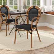 Marseille Indoor/Outdoor Commercial Thonet French Bistro Stacking Chair with Arms, Black Textilene and Bamboo Print Aluminum Frame in Natural, SDA-AD642002A-TXT-BK-NAT-GG