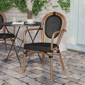 Marseille Indoor/Outdoor Commercial Thonet French Bistro Stacking Chair with Arms, Black Textilene and Bamboo Print Aluminum Frame in Natural, SDA-AD642002A-TXT-BK-NAT-GG