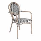 Marseille Indoor/Outdoor Commercial Thonet French Bistro Stacking Chair with Arms, Black/White Textilene and Bamboo Print Aluminum Frame in Natural, SDA-AD642002A-TXT-BLKWH-LTNAT-GG