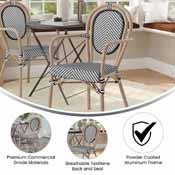 Marseille Indoor/Outdoor Commercial Thonet French Bistro Stacking Chair with Arms, Black/White Textilene and Bamboo Print Aluminum Frame in Natural, SDA-AD642002A-TXT-BLKWH-LTNAT-GG
