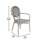 Marseille Indoor/Outdoor Commercial Thonet French Bistro Stacking Chair with Arms, Black/White Textilene and Bamboo Print Aluminum Frame in Natural, SDA-AD642002A-TXT-BLKWH-LTNAT-GG