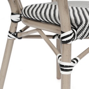 Marseille Indoor/Outdoor Commercial Thonet French Bistro Stacking Chair with Arms, Black/White Textilene and Bamboo Print Aluminum Frame in Natural, SDA-AD642002A-TXT-BLKWH-LTNAT-GG