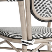 Marseille Indoor/Outdoor Commercial Thonet French Bistro Stacking Chair with Arms, Black/White Textilene and Bamboo Print Aluminum Frame in Natural, SDA-AD642002A-TXT-BLKWH-LTNAT-GG