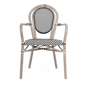 Marseille Indoor/Outdoor Commercial Thonet French Bistro Stacking Chair with Arms, Black/White Textilene and Bamboo Print Aluminum Frame in Natural, SDA-AD642002A-TXT-BLKWH-LTNAT-GG