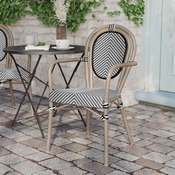 Marseille Indoor/Outdoor Commercial Thonet French Bistro Stacking Chair with Arms, Black/White Textilene and Bamboo Print Aluminum Frame in Natural, SDA-AD642002A-TXT-BLKWH-LTNAT-GG