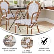 Lourdes Indoor/Outdoor Commercial Thonet French Bistro Stacking Chair with Arms, White and Gray PE Rattan and Bamboo Print Aluminum Frame in Natural, SDA-AD642002A-WHGY-NAT-GG