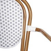Lourdes Indoor/Outdoor Commercial Thonet French Bistro Stacking Chair with Arms, White and Gray PE Rattan and Bamboo Print Aluminum Frame in Natural, SDA-AD642002A-WHGY-NAT-GG